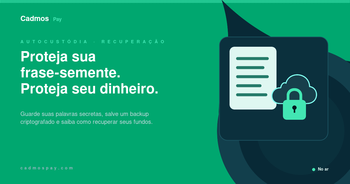 Uma frase-semente guardada offline e um backup criptografado em um espaço privado de armazenamento